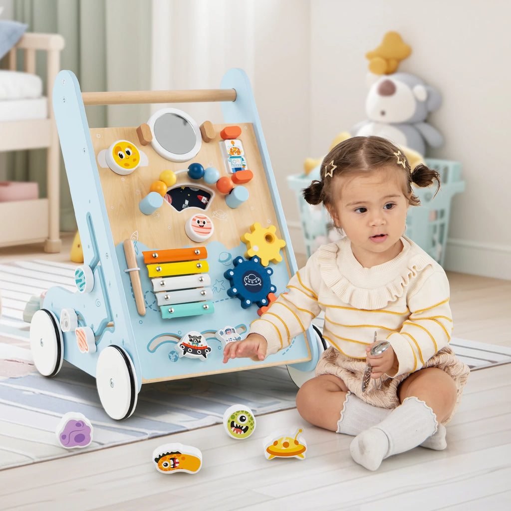 Wooden Baby Walker Push and Pull Learning Activity Center with Wheels Push Toy