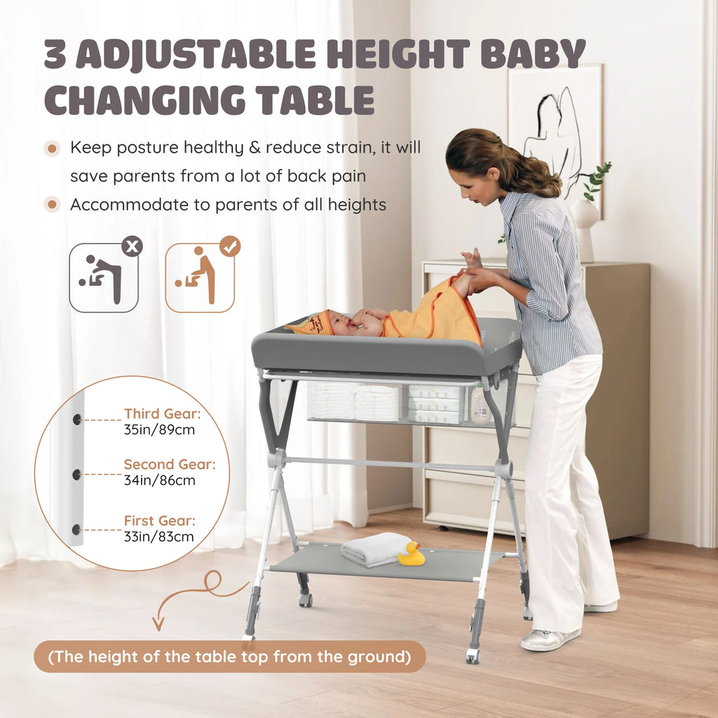 Sejoy Baby Changing Table Folding Diaper Changing Station 360° Lockable Wheels Foldable Height with Storage Bag