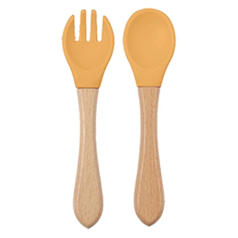 Baby Silicone Feeding Dishes Children Suction Plate Suction Sucker Bowl Wood Fork Spoon Set Toddler Training Tableware BPA Free