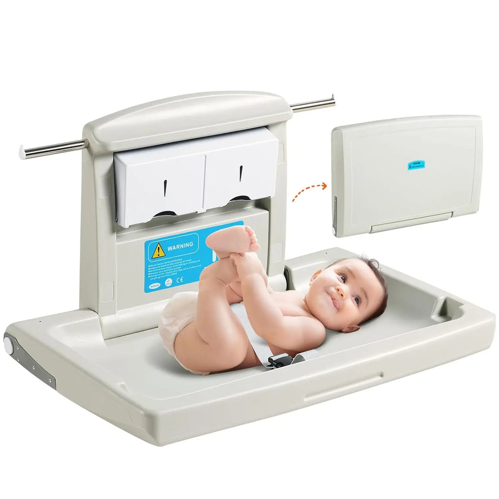 Wall-Mounted Baby Changing Station,Horizontal Foldable Diaper Change Table with Safety Straps and Hanging Rods, Use in Bathrooms
