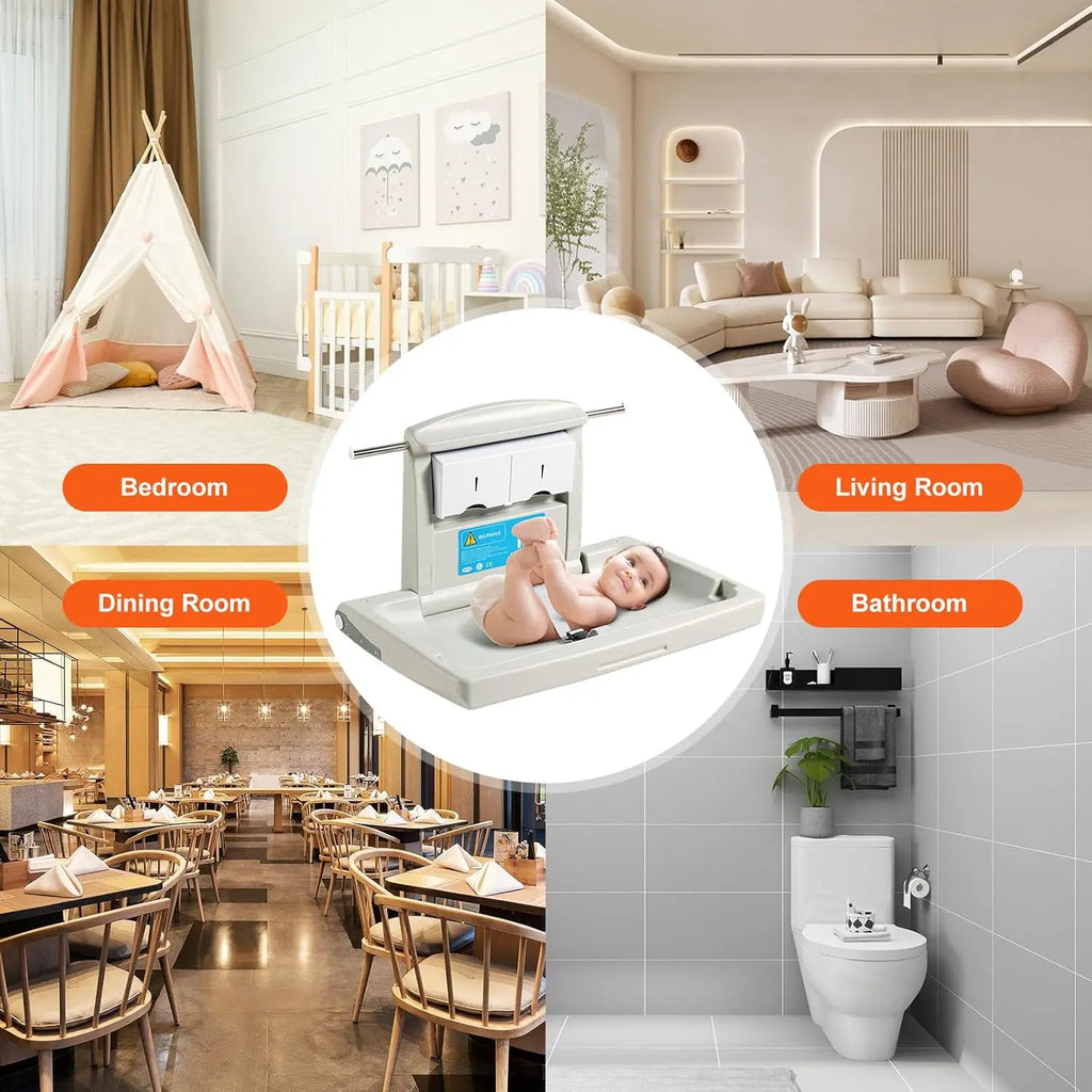Wall-Mounted Baby Changing Station,Horizontal Foldable Diaper Change Table with Safety Straps and Hanging Rods, Use in Bathrooms