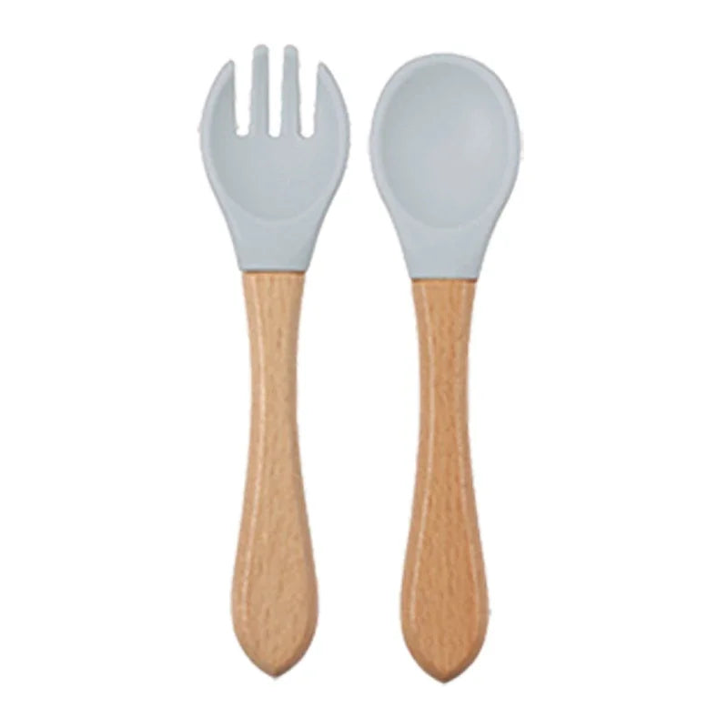 Baby Silicone Feeding Dishes Children Suction Plate Suction Sucker Bowl Wood Fork Spoon Set Toddler Training Tableware BPA Free