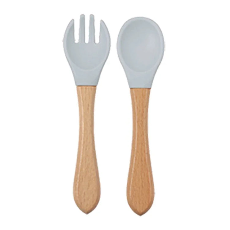 Baby Silicone Feeding Dishes Children Suction Plate Suction Sucker Bowl Wood Fork Spoon Set Toddler Training Tableware BPA Free
